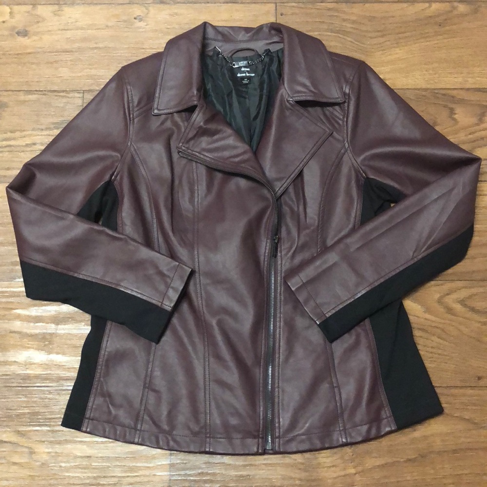 faux leather burgundy and black jacket.